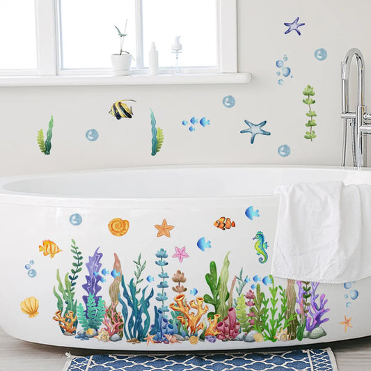 Ocean Sea Animals Fishes and Seaweed Coral Bathtub Sticker for Nursery Bathroom Shower Background Wall Self-Adhesive Decoration-HomeDecorDecals_com