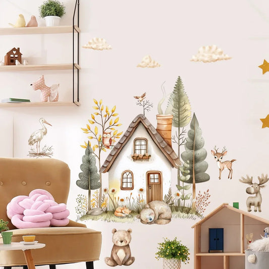 Watercolor Tree Wooden House Bear Wall Stickers Wall Stickers Home Decoration Suitable for Children's Rooms Kindergarten-HomeDecorDecals_com