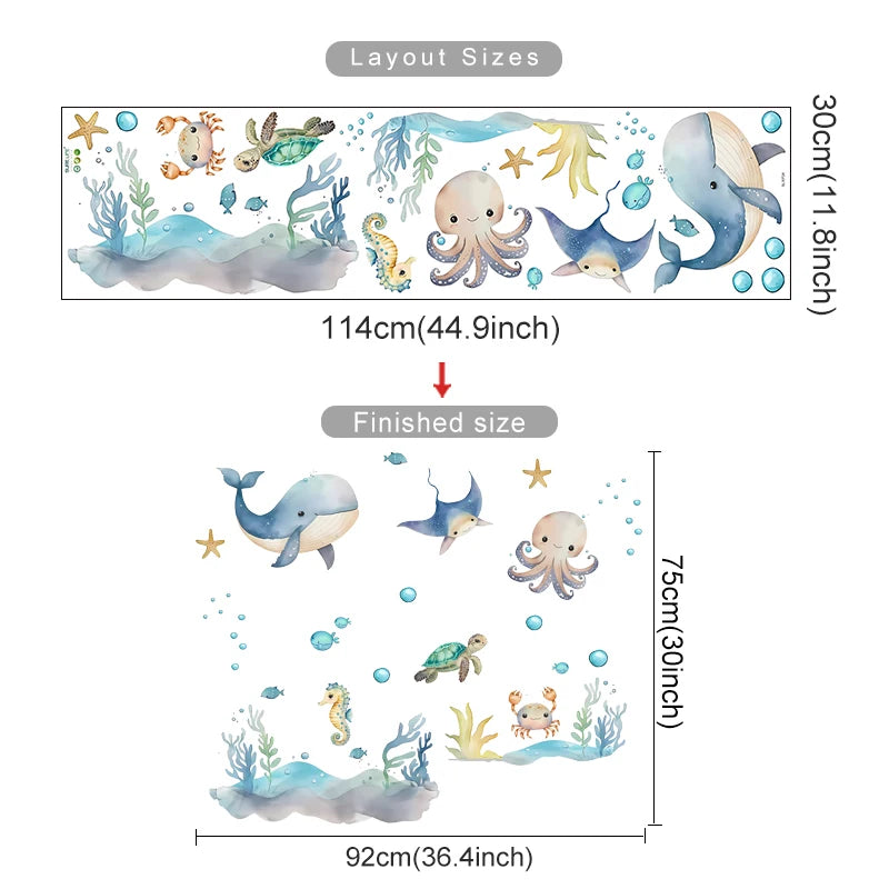Close-up view of Watercolour Cartoon Cute Marine Animals Wall Decal | Home Decor by HomeDecorDecals.