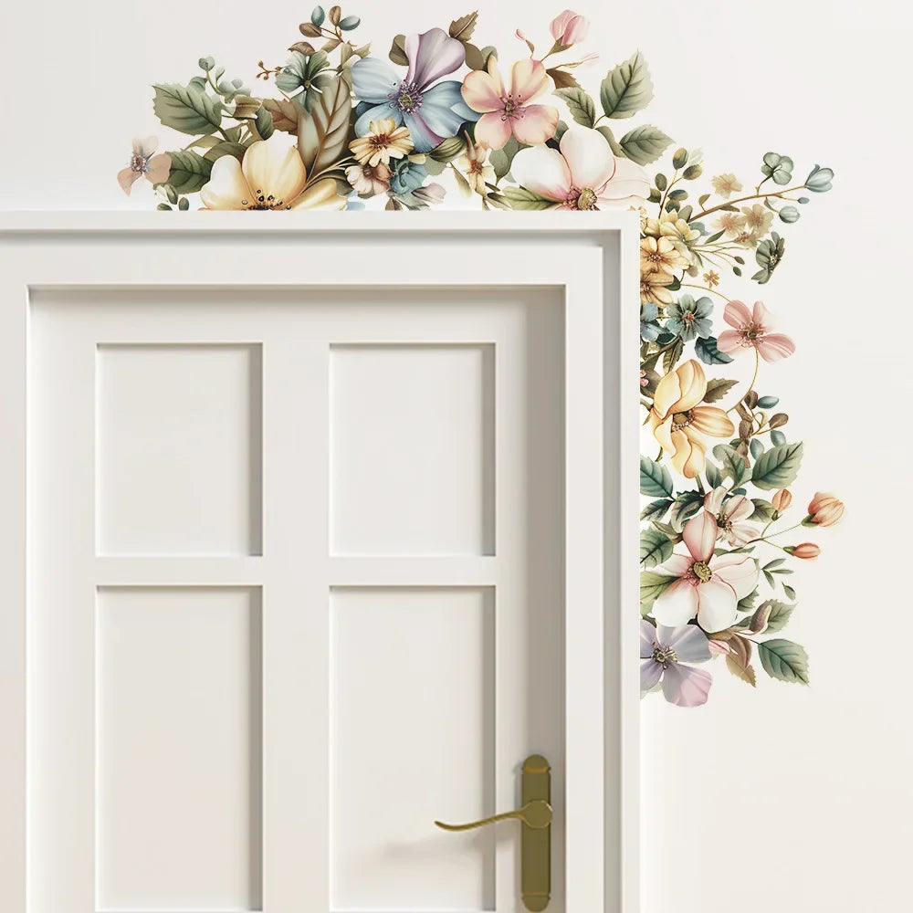 Painted Flowers and Green Leaf Wall Decal | Home Decor removable peel and stick wall decal by HomeDecorDecals.