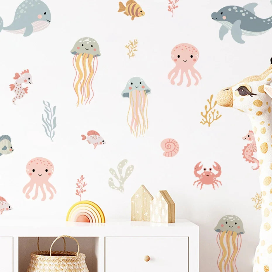 Watercolor Cartoon Ocean Fish Animal Wall Sticker Living Room Bedroom Sea Life Beach Landscape Wall Decal Home Decor-HomeDecorDecals_com