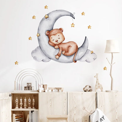 Cartoon Grey Baby Elephant Moon Gold Stars Wall Stickers for Kids Room Decor Nurserry Wall Decals Girl Boy Room Decorative-HomeDecorDecals_com