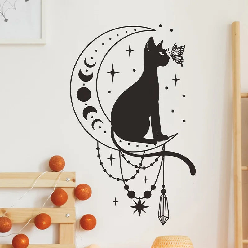 Cartoon Cat Butterfly and Moon Wall Decal | Room Decor displayed in room decor by HomeDecorDecals.