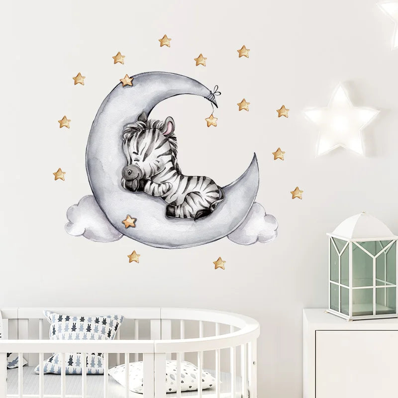 Cartoon Grey Baby Elephant Moon Gold Stars Wall Stickers for Kids Room Decor Nurserry Wall Decals Girl Boy Room Decorative-HomeDecorDecals_com