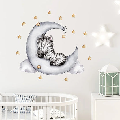 Cartoon Grey Baby Elephant Moon Gold Stars Wall Stickers for Kids Room Decor Nurserry Wall Decals Girl Boy Room Decorative-HomeDecorDecals_com