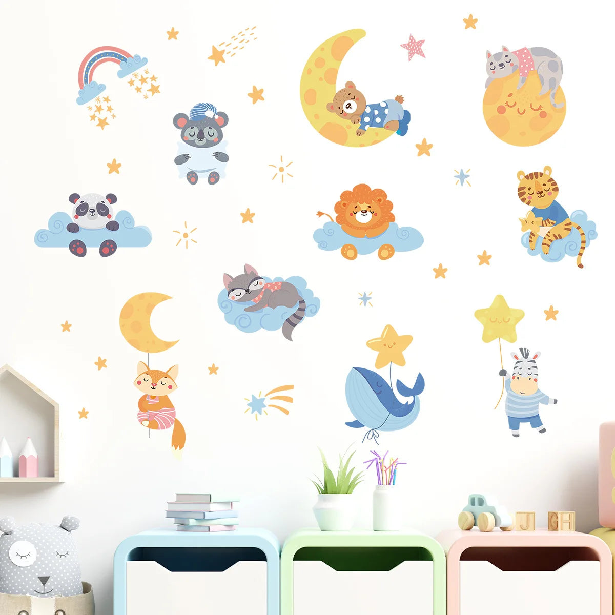 Children's Room Wall Stickers Cartoon Animals on Train Airplane Hot Air Balloon Wall Decals Baby Nursary Kindergarten Decoration-HomeDecorDecals_com