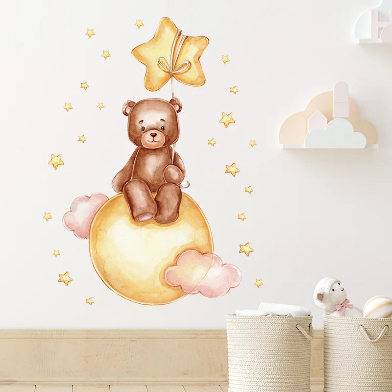 Cartoon Brown Bear Swing on the Moon Wall Stickers Baby Nursery Hand Paint Wall Decals Animals Decorative Stickers Home Decor-HomeDecorDecals_com