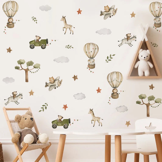 Watercolor Safari Animals Hot Air Balloon Plane Tree Wall Stickers for Kids Room Bedroom Living Room Home Decoration Wall Decals-HomeDecorDecals_com