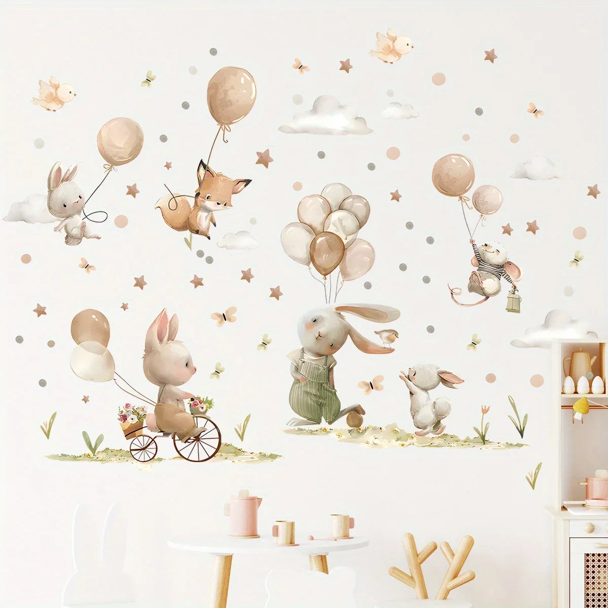 Cartoon Cute Rabbit Fox Balloon Grassland Forest Animal Wall Stickers for Bedroom Living Room Nursery Decoration Wall Decals-HomeDecorDecals_com