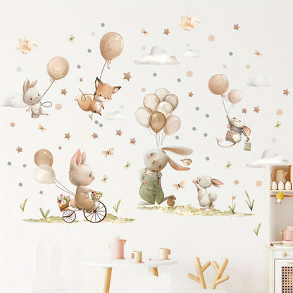 Cartoon Cute Rabbit Fox Balloon Grassland Forest Animal Wall Stickers for Bedroom Living Room Nursery Decoration Wall Decals-HomeDecorDecals_com