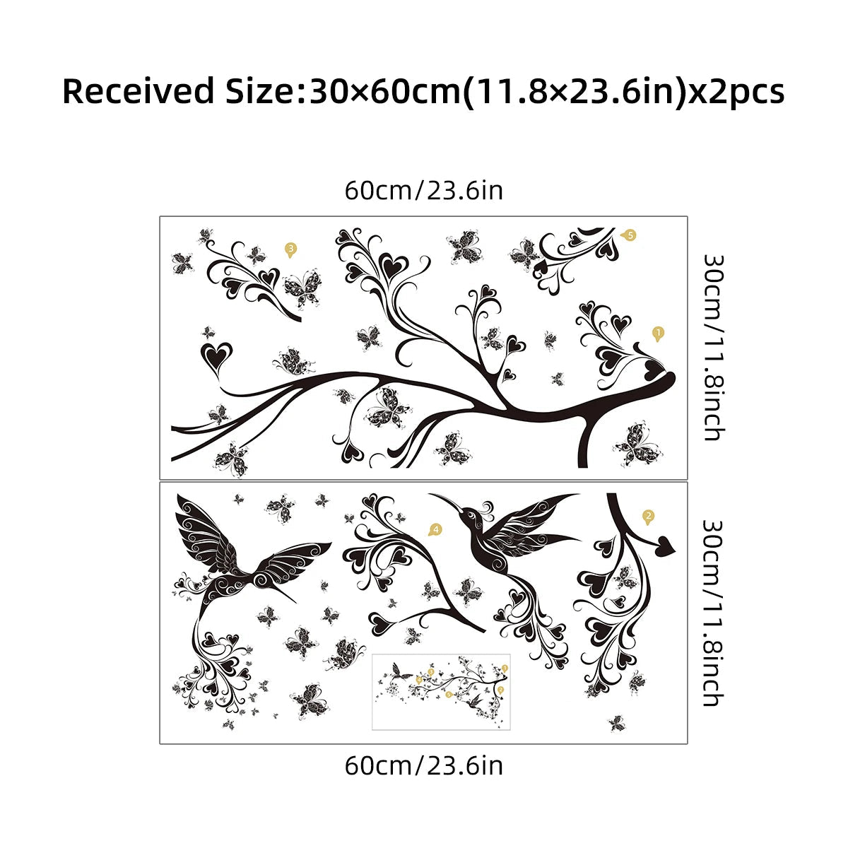 2pcs Silhouette Branches Flowers Birds Butterflies Wall Stickers for Bedroom Decoration Living Room Wall Decals Kid Room Decor-HomeDecorDecals_com