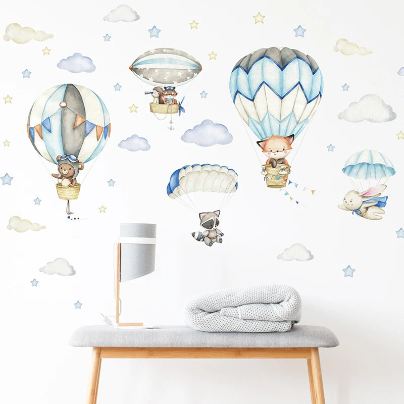 Watercolor Animals BalloonWall Stickers for Children's Room Blue Color for Kids Room Baby Nursery Room Wall Decals Boy Room-HomeDecorDecals_com