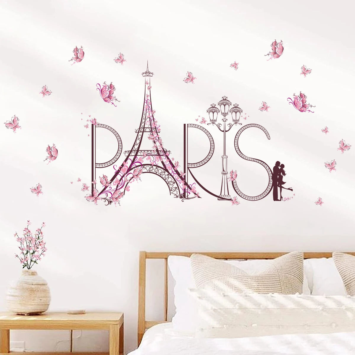 1Pc Eiffel Tower Couple Hug Pink Butterflies Wall Stickers Living Room Decoration Bedroom Wall Decals Kids Home Decor-HomeDecorDecals_com