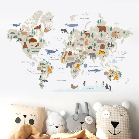 Large World Map Wall Stickers Cartoon Animals Wildlife Watercolor Kids Vinyl Nursery Art Decals for Babys Girls Room Home Decor-HomeDecorDecals_com