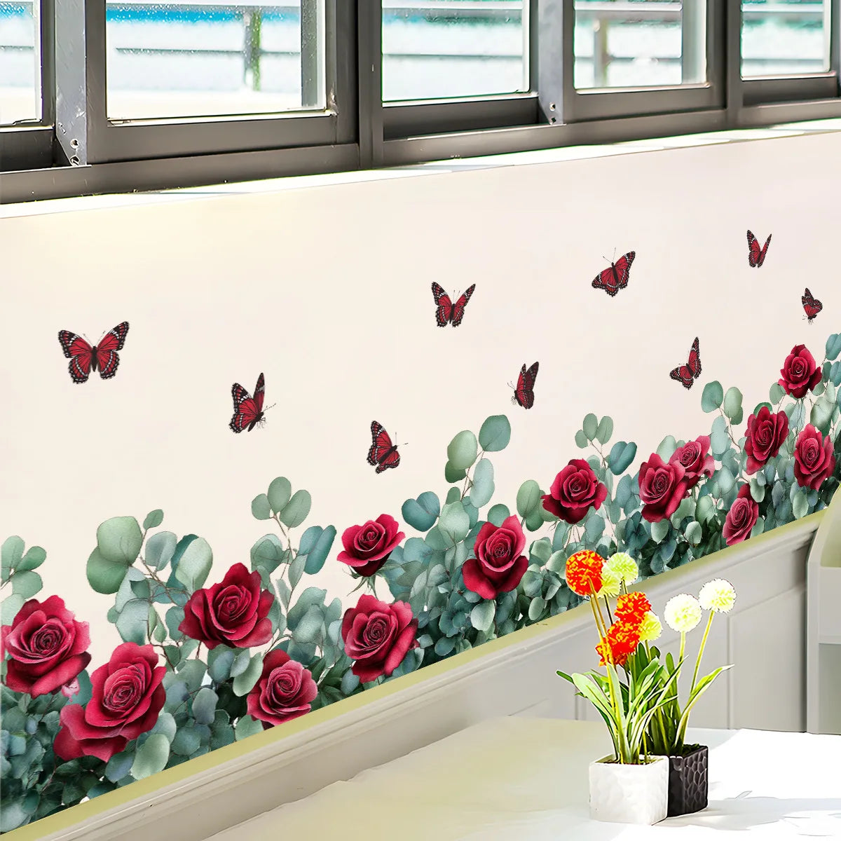 Close-up view of Retro Red Rose Flowers and Butterfly Wall Decal | Home Decor by HomeDecorDecals.