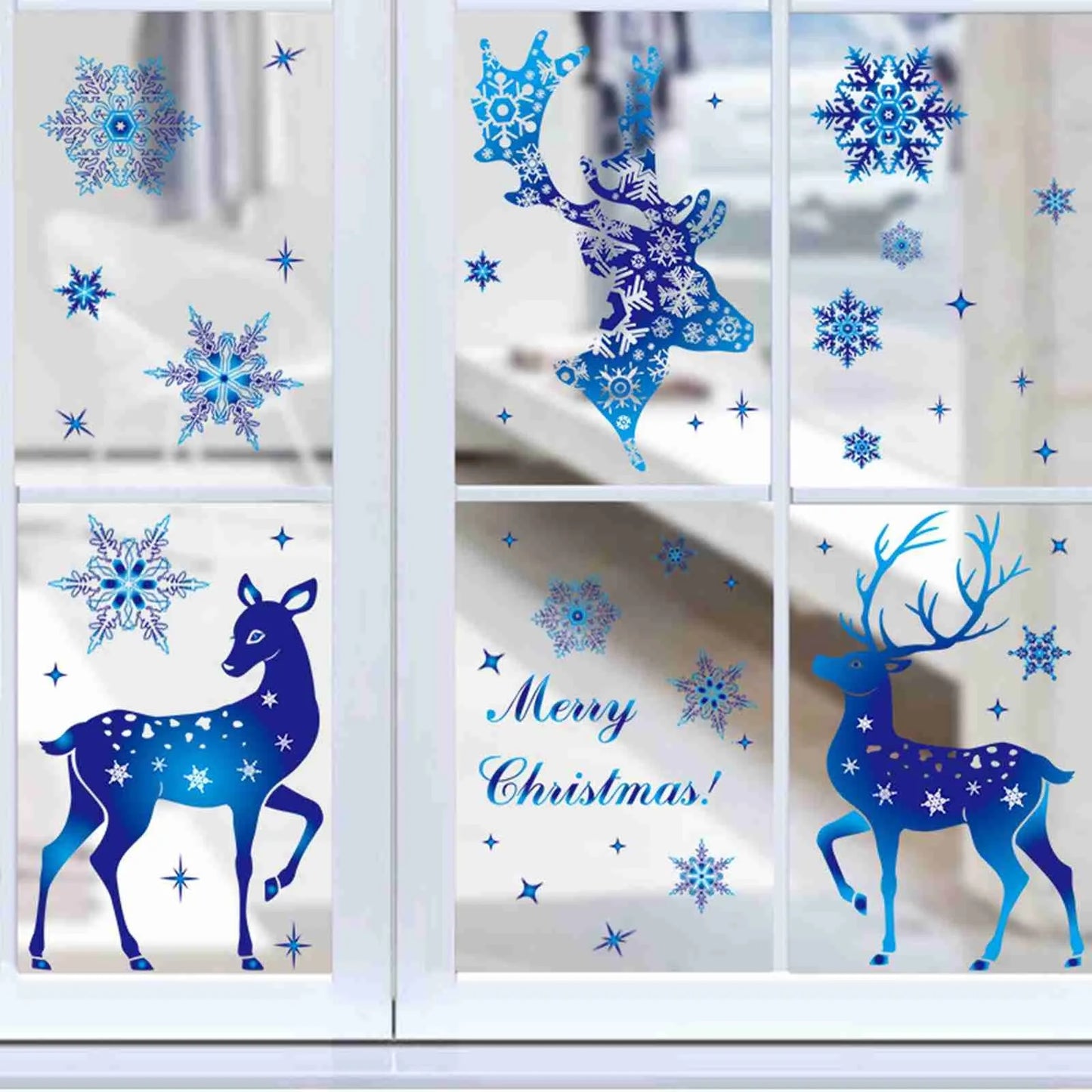 Christmas Window Clings Ornament Snowflake Sticker Glass Window Decoration Sticker Christmas Blue Snowflake Elk Wall Sticker-HomeDecorDecals_com