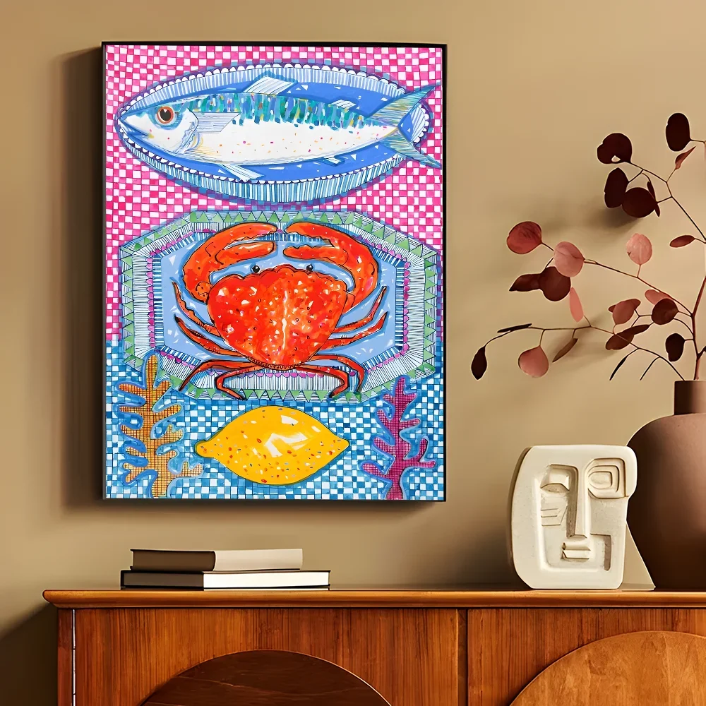Colorful Sardine Lobster Fish Ocean Animal Self-adhesive Art Poster Retro Kraft Paper Sticker DIY Room Bar Cafe Stickers-HomeDecorDecals_com