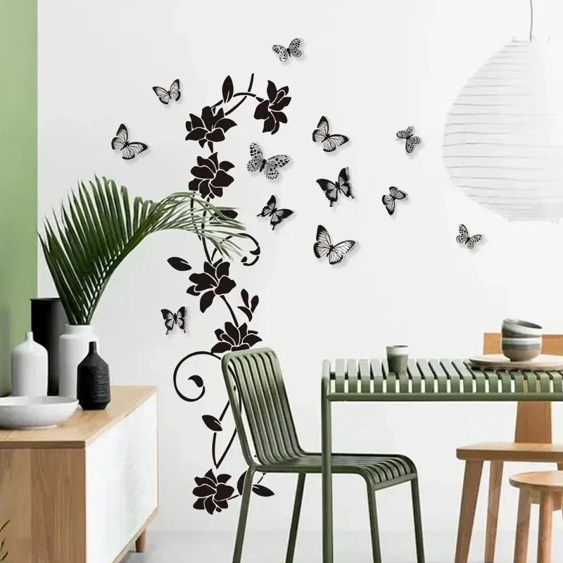 Black Flower Vine and 3D Butterfly Wall Decal | Home Decor removable peel and stick wall decal by HomeDecorDecals.
