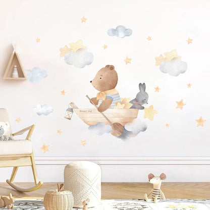 1Pc Cloud Star Bear Rabbit Boating Wall Sticker for Children Room Decoration Kids Room Wall Decals Bedroom Decor for Living Room-HomeDecorDecals_com
