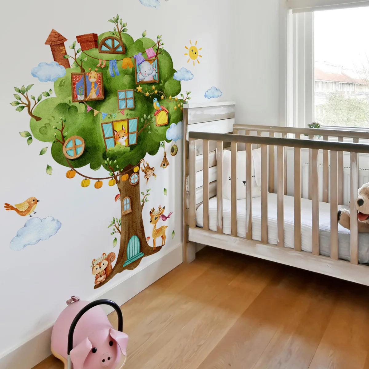 Tree Treasure Box Cloud Cute Animal Creative Wall Stickers Bedroom Living Room Background Kindergarten Decoration Self Adhesive-HomeDecorDecals_com