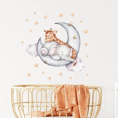 Cartoon Grey Baby Elephant Moon Gold Stars Wall Stickers for Kids Room Decor Nurserry Wall Decals Girl Boy Room Decorative-HomeDecorDecals_com