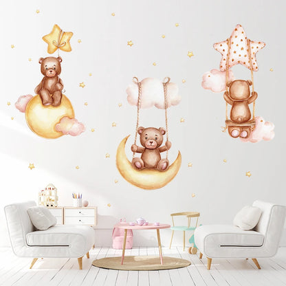 Cartoon Brown Bear Swing on the Moon Wall Stickers Baby Nursery Hand Paint Wall Decals Animals Decorative Stickers Home Decor-HomeDecorDecals_com