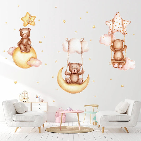 Cartoon Brown Bear Swing on the Moon Wall Stickers Baby Nursery Hand Paint Wall Decals Animals Decorative Stickers Home Decor-HomeDecorDecals_com
