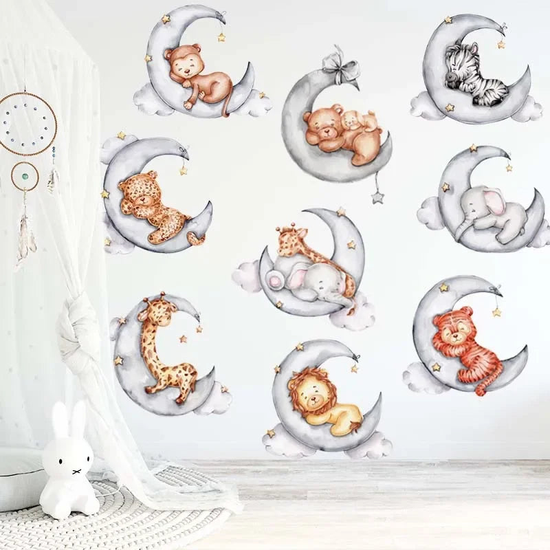 Cartoon Grey Baby Elephant Moon Gold Stars Wall Stickers for Kids Room Decor Nurserry Wall Decals Girl Boy Room Decorative-HomeDecorDecals_com
