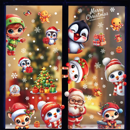 9 sheets/set Green Christmas Window Clings With Santa Penguin Reindeer Tree Static Cling Stickers For Kids' Room Window-HomeDecorDecals_com