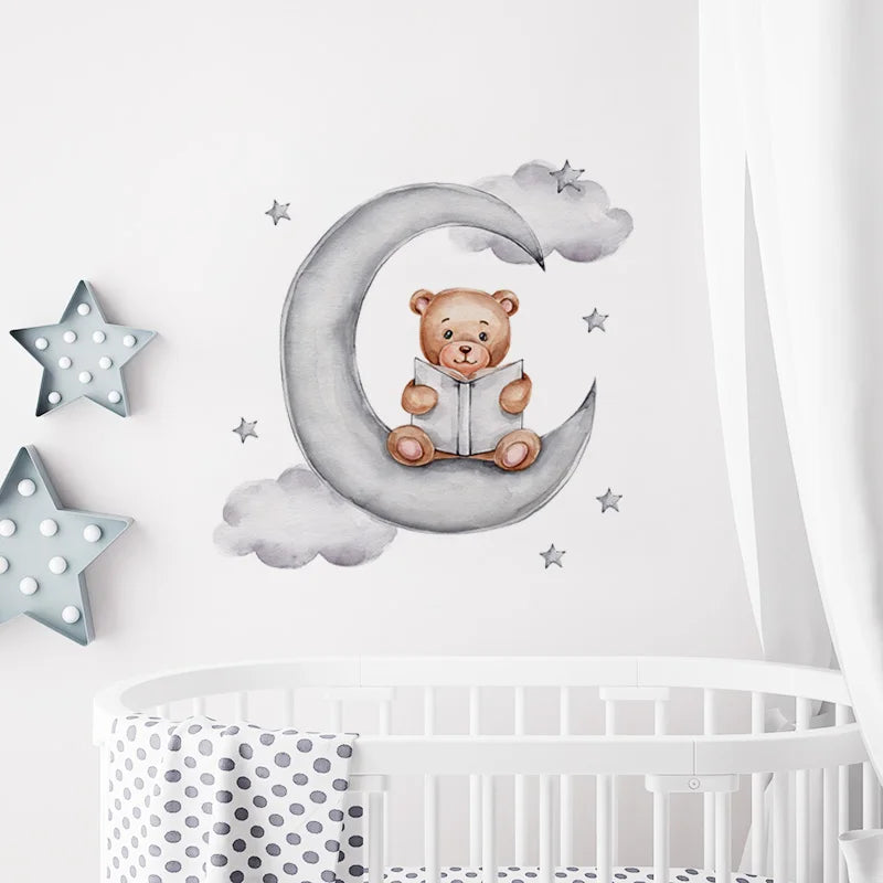 Cartoon Grey Baby Elephant Moon Gold Stars Wall Stickers for Kids Room Decor Nurserry Wall Decals Girl Boy Room Decorative-HomeDecorDecals_com