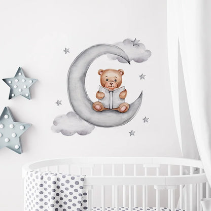 Cartoon Grey Baby Elephant Moon Gold Stars Wall Stickers for Kids Room Decor Nurserry Wall Decals Girl Boy Room Decorative-HomeDecorDecals_com