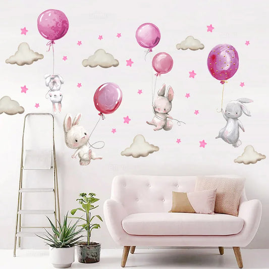 Watercolour Pink Balloon Bunny Wall Decal | Kids Room Decor removable peel and stick wall decal by HomeDecorDecals.