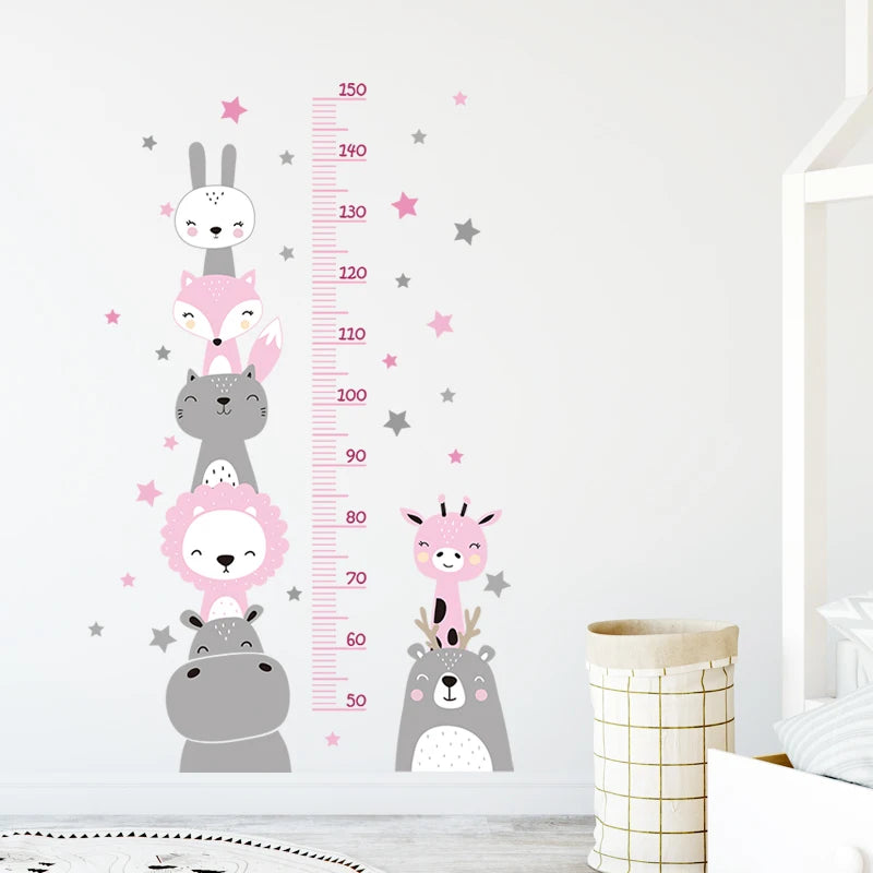 Cartoon Smile Animals Bear Lion Deer Hippo Stars Height Ruller Wall Stickers for Kids Room Boy Girl Room Nursery Wall Decals pvc-HomeDecorDecals_com