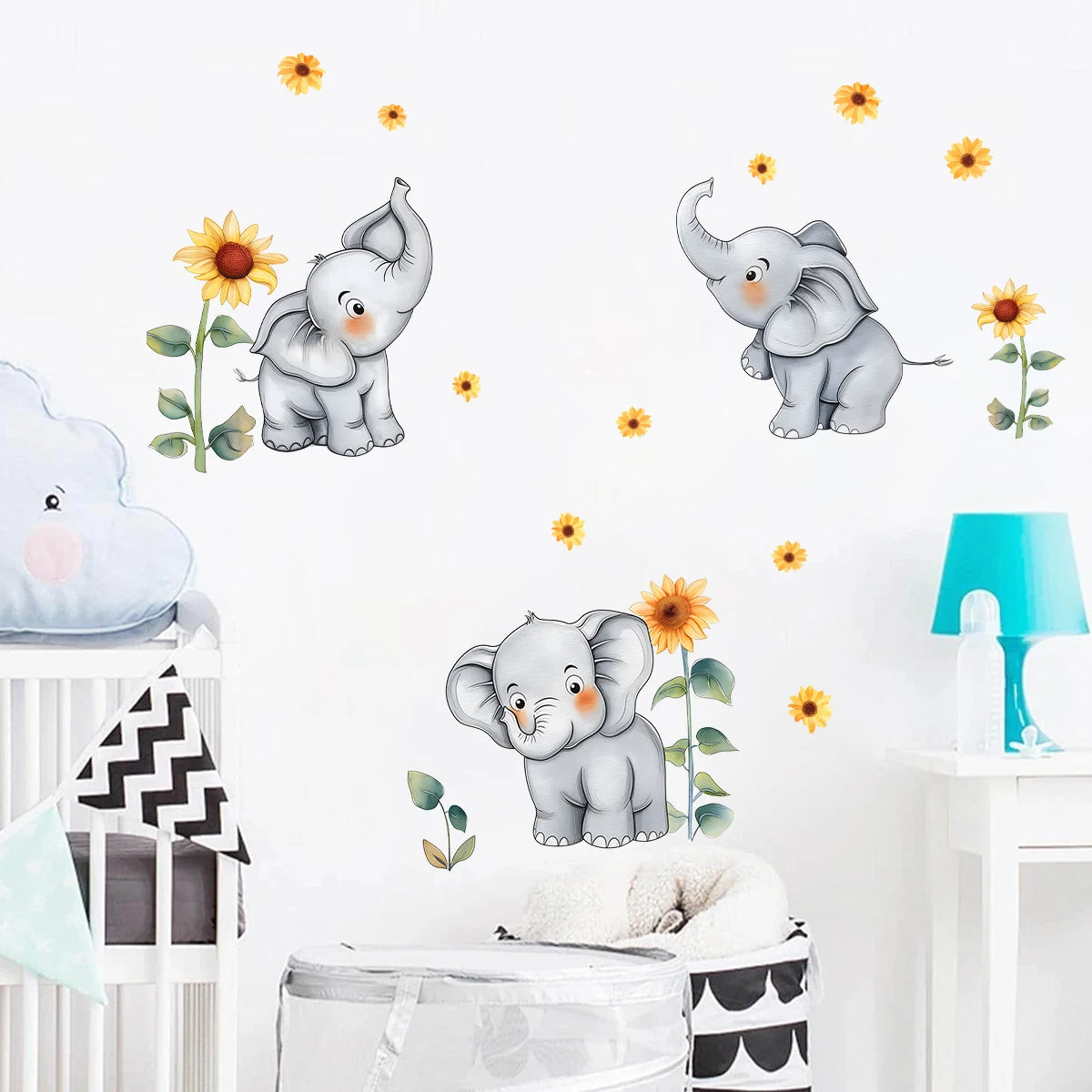 1pcs Cartoon Sunflower Cute Elephant Pattern Wall Stickers for Kids Room Bedroom Decoration Wall Decals Home Decor Nursery-HomeDecorDecals_com