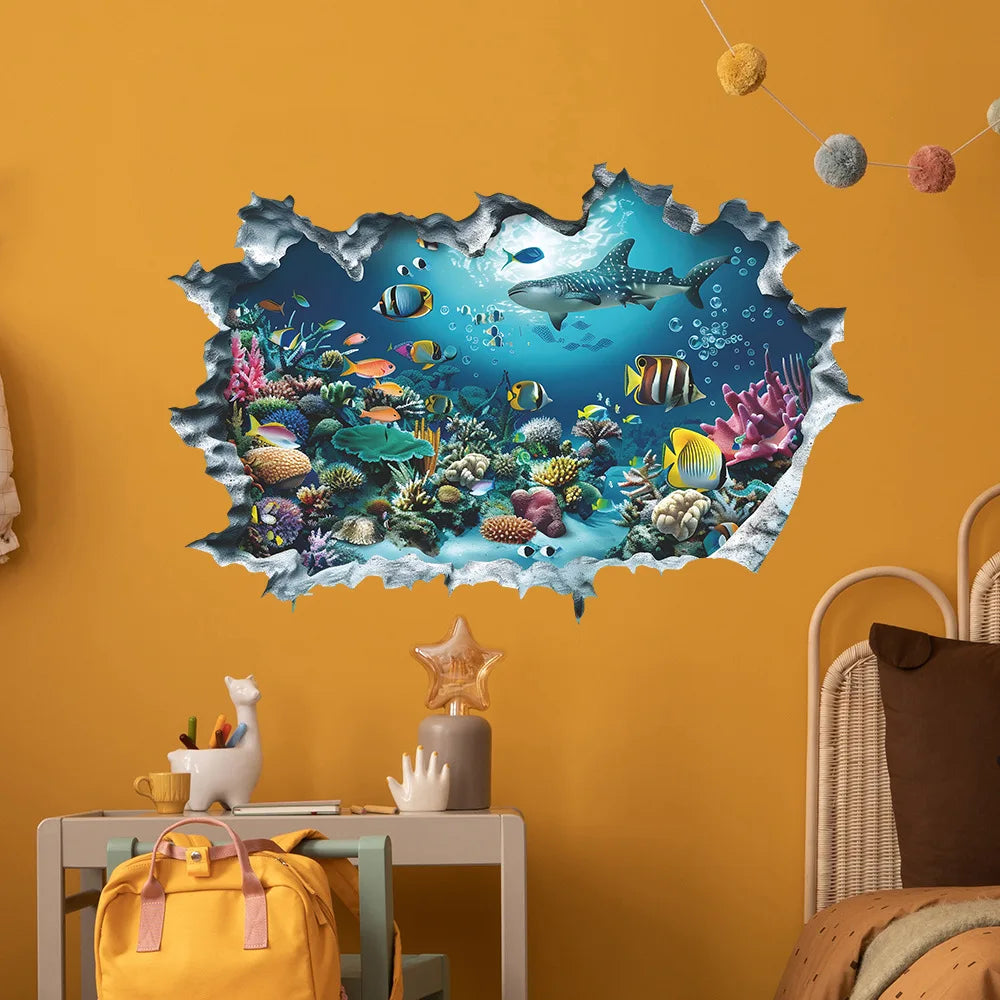 3D Shark Breaking Wall Decal Ocean Underwater World Mural Self-Adhesive Wall Sticker for Bedroom Living Room Home Decoration-HomeDecorDecals_com