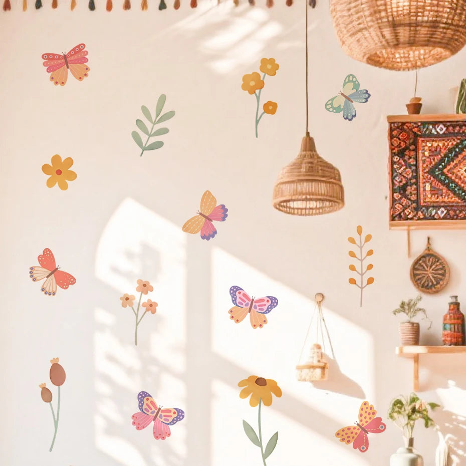 Watercolour Butterfly and Flowers Cartoon Wall Decal | Home Decor removable peel and stick wall decal by HomeDecorDecals.