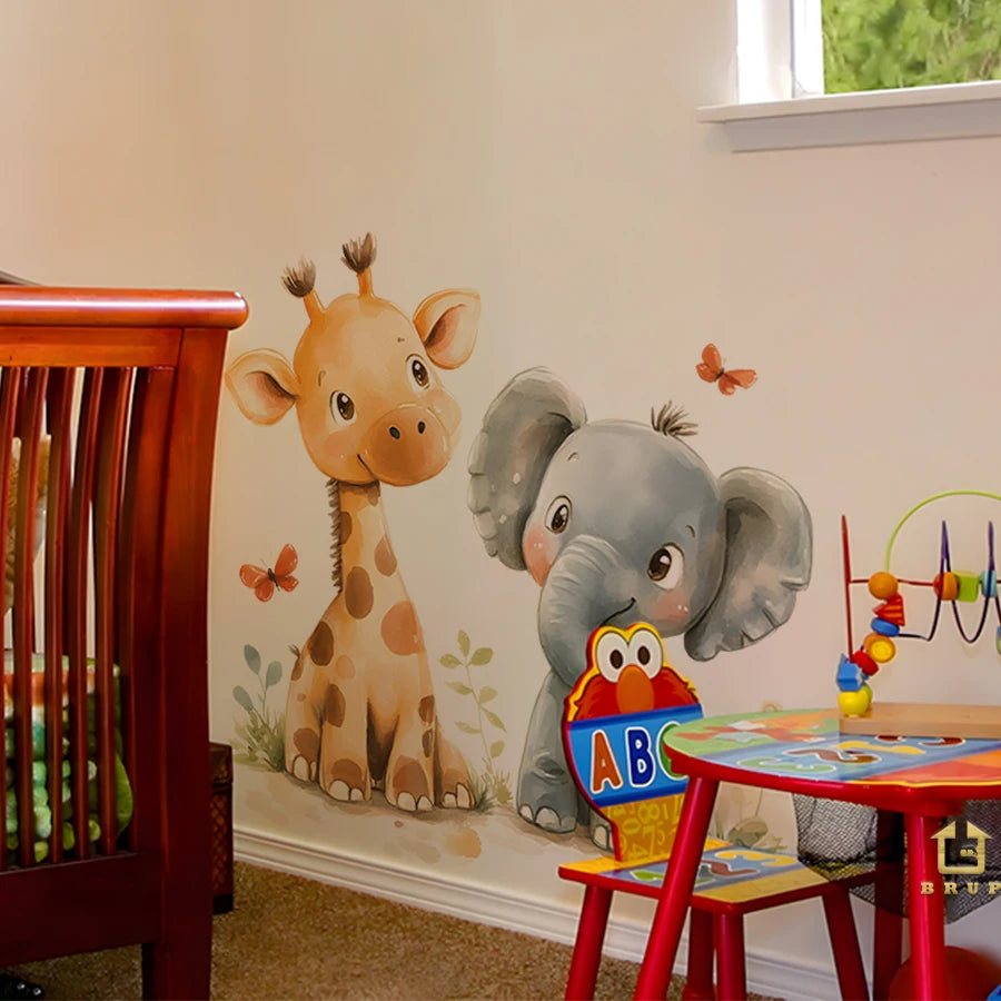 Cartoon Giraffe And Elephant Decal For Kids-HomeDecorDecals_com