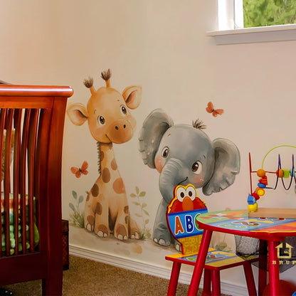 Cartoon Giraffe And Elephant Decal For Kids-HomeDecorDecals_com