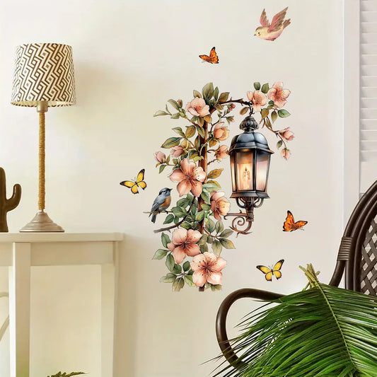 Colourful Flower Bird Lamp Wall Decal | Home Decor removable peel and stick wall decal by HomeDecorDecals.
