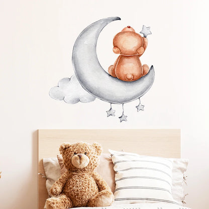 Cartoon Grey Baby Elephant Moon Gold Stars Wall Stickers for Kids Room Decor Nurserry Wall Decals Girl Boy Room Decorative-HomeDecorDecals_com