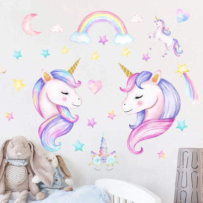 Cartoon Rainbow Moon Stars Unicorn Wall Decals For Kids (2pcs)-HomeDecorDecals_com