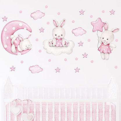 Cartoon Soft Pink Moon Clouds Stars Rabbit Wall Stickers for Children's Room Kids Room Baby Nursery Room Wall Decals Home Decor-HomeDecorDecals_com