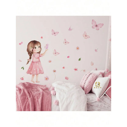 1pcs Charming Cartoon Little Girl With Butterfly Wall Decals Removable Self-Adhesive Kids Room Decor For Girls Bedroom-HomeDecorDecals_com