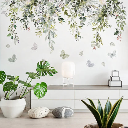 Close-up view of Green Leaves Butterfly and Vine Wall Decal | Home Decor by HomeDecorDecals.