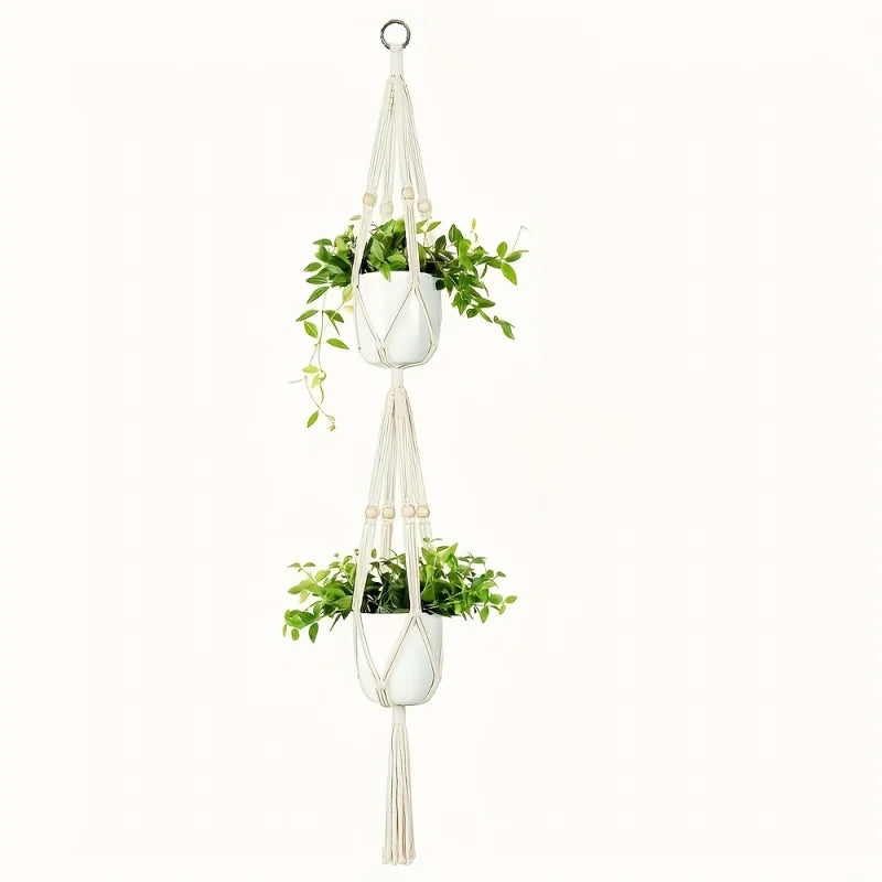 1pc, Macrame Double Plant Pendant Indoor Outdoor, 2 Tier/3Tier Hanging Planter Basket Cotton Rope With Beads 49 Inches/70 Inches-HomeDecorDecals_com