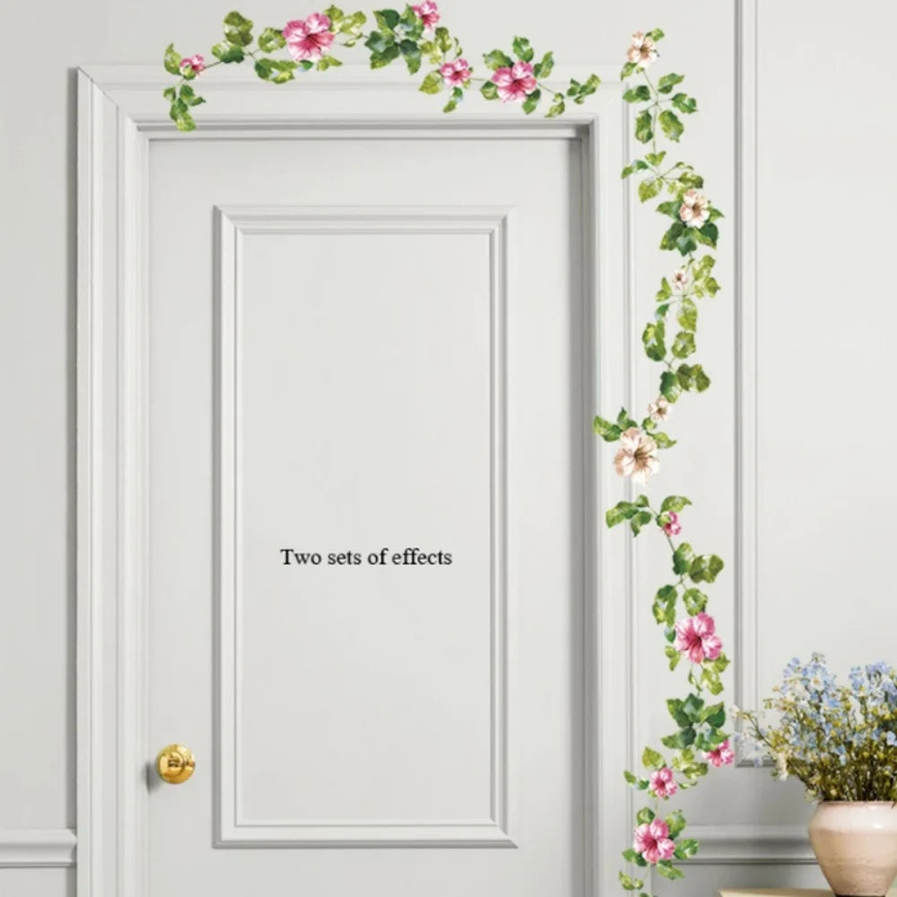 Close-up view of Green Leaf Pink Flower Vine Wall Decal | Home Decor by HomeDecorDecals.