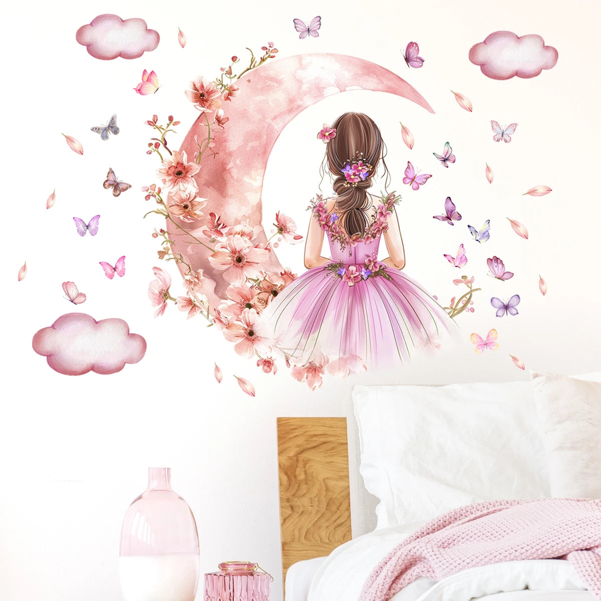 Girl Moon And Butterflies Wall Sticker for Kids Room-HomeDecorDecals_com