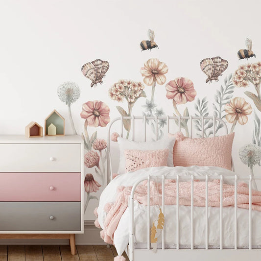 Large Boho Flowers Butterfly Wall Stickers Bedroom Playroom Watercolor Flowers Floral Wall Decals Living Room Kitchen Home Decor-HomeDecorDecals_com