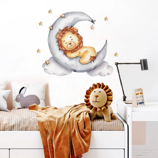 Cartoon Gold Lion Sleeping on the Moon Good Night Wall Stickers for Kids Room Baby Nurery Room Decoration Art Wall Decals Murals-HomeDecorDecals_com