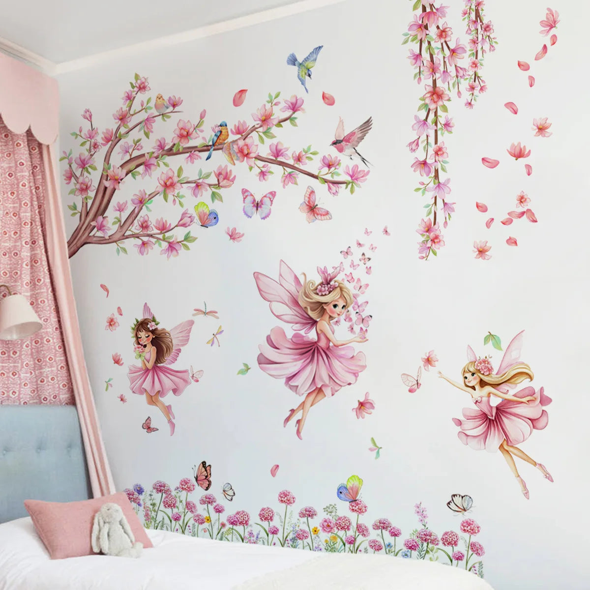 Pink Tree Branches Birds Butterflies Elf Girls Meet Wall Stickers Bedroom Children's Room Home Wall Decoration Self-adhesive-HomeDecorDecals_com